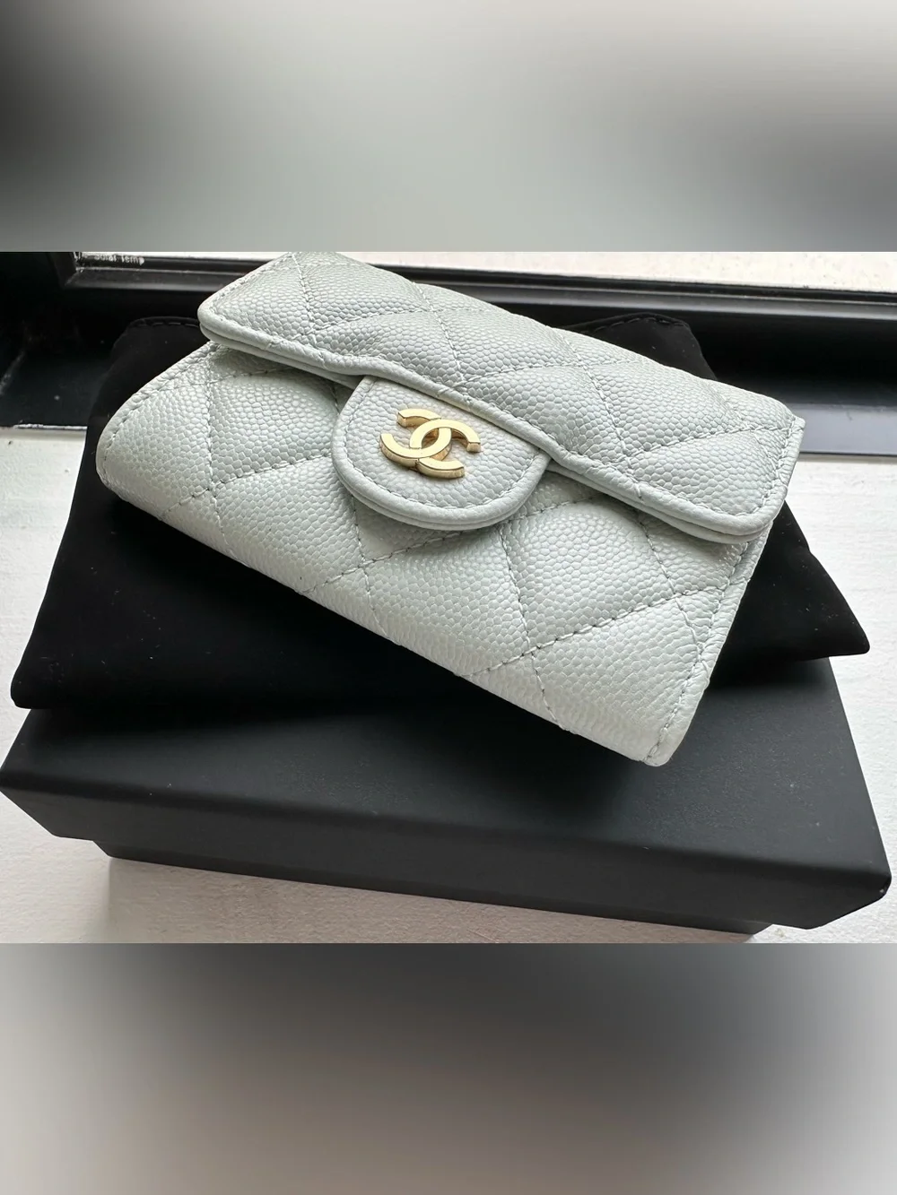 CHANEL Quilted Mini Wallet in Pale Blue with Gold Hardware